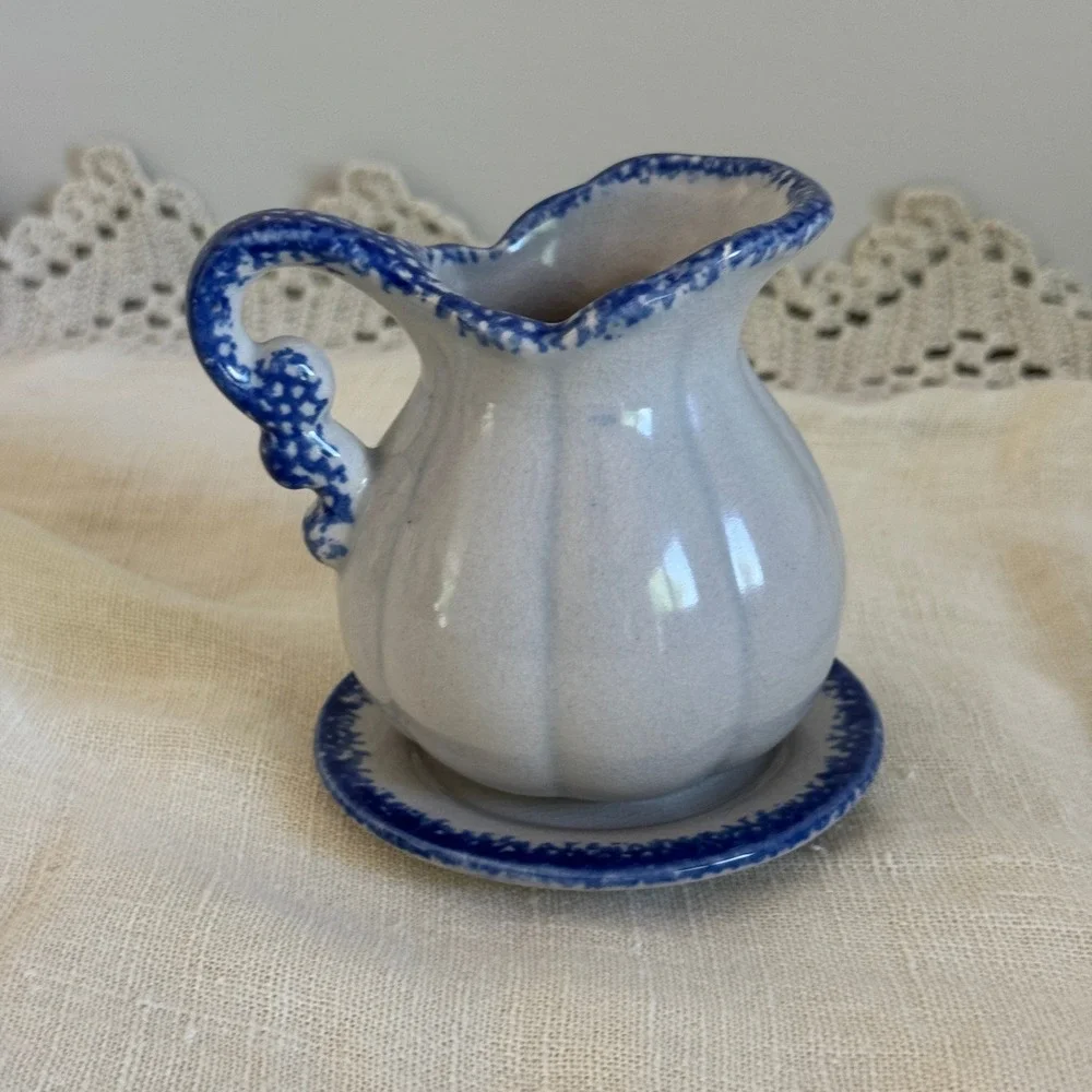 Miniature Blue White Heart Sponge Ware Pitcher and Saucer Set Farmhouse Decor